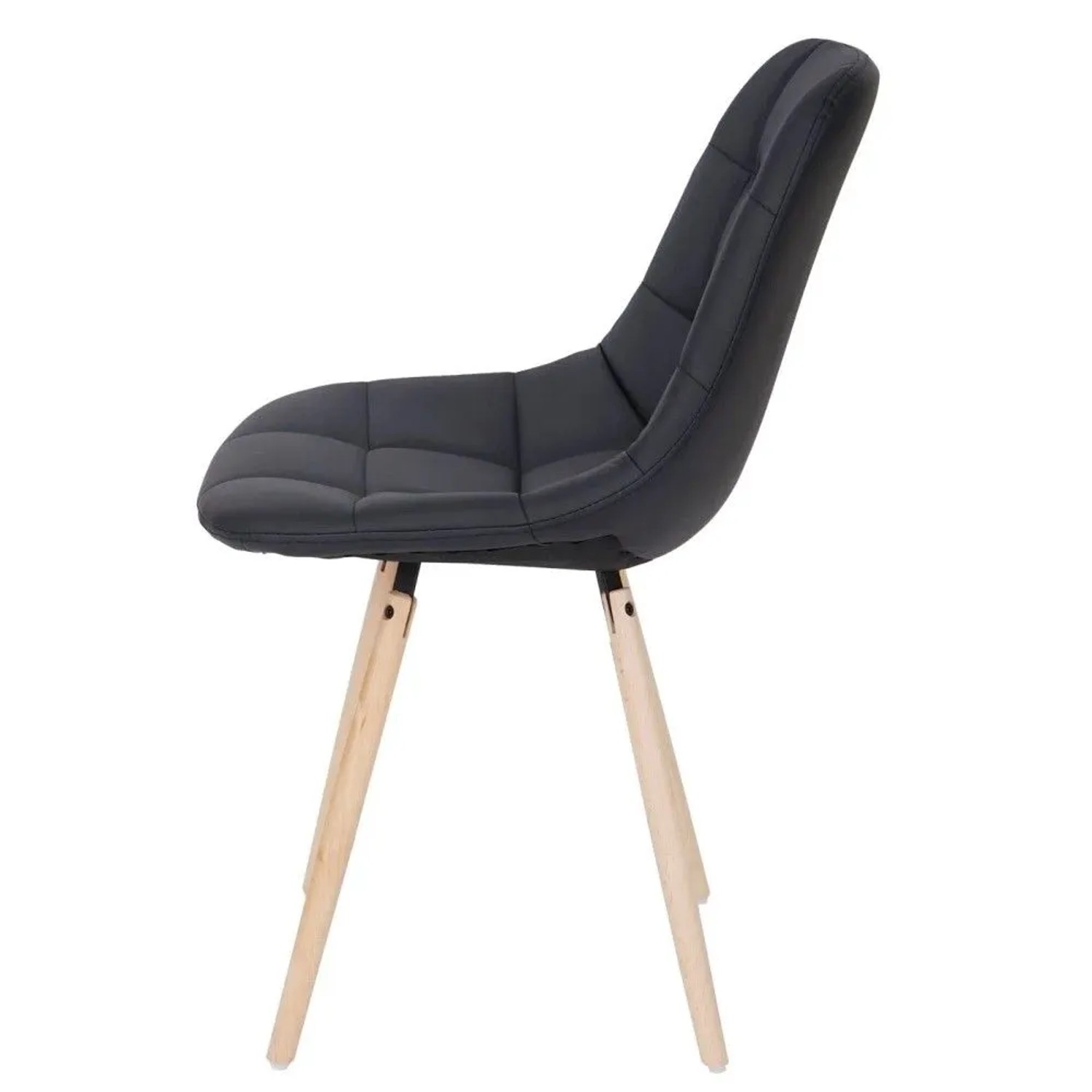 Schwarzer Esszimmerstuhl aus Kunstleder mit gepolsterter Schalenform und hellen Holzbeinen im Retro-Design, Seitenansicht.