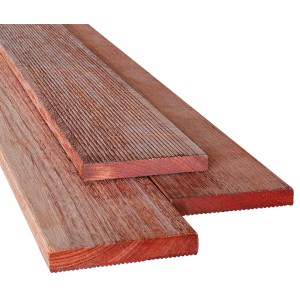 Kempas Terrassendielen, 2,1x14,5x274 cm, FSC®-zertifiziert, mit glatter und geriffelter Oberfläche.