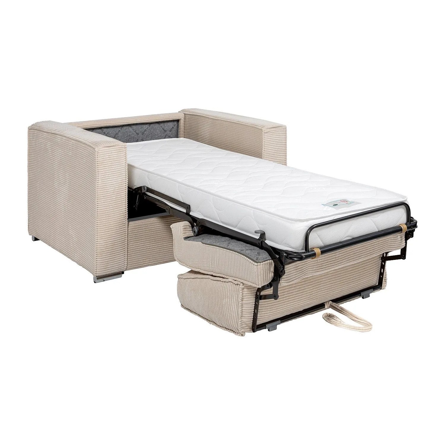 Beiger Cord-Schlafsessel Loreto, teilweise ausgeklappt mit weißer Matratze. Kompakter Relaxsessel mit Bettfunktion.