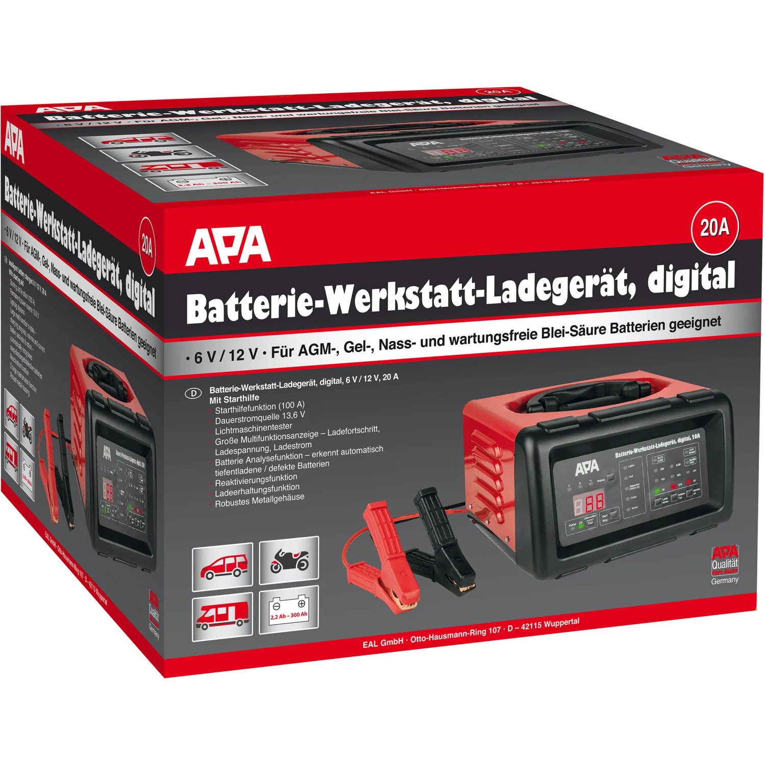 APA Werkstattladegerät digital 20A mit Starthilfe für Auto-Batterien