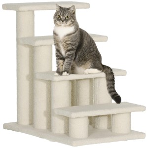 Beige PawHut Tiertreppe mit 4 Stufen für Katzen und kleine Hunde, Katze sitzt auf der Treppe.