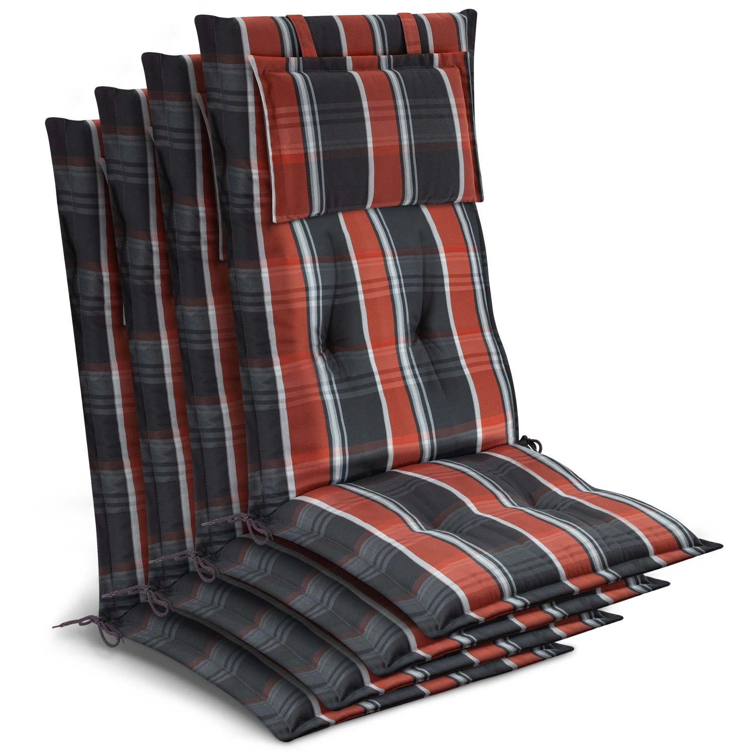 Beautissu 4x Gartenstuhlauflage Hochlehner 120x50x7cm Grau-Orange-Weiß-Kariert
