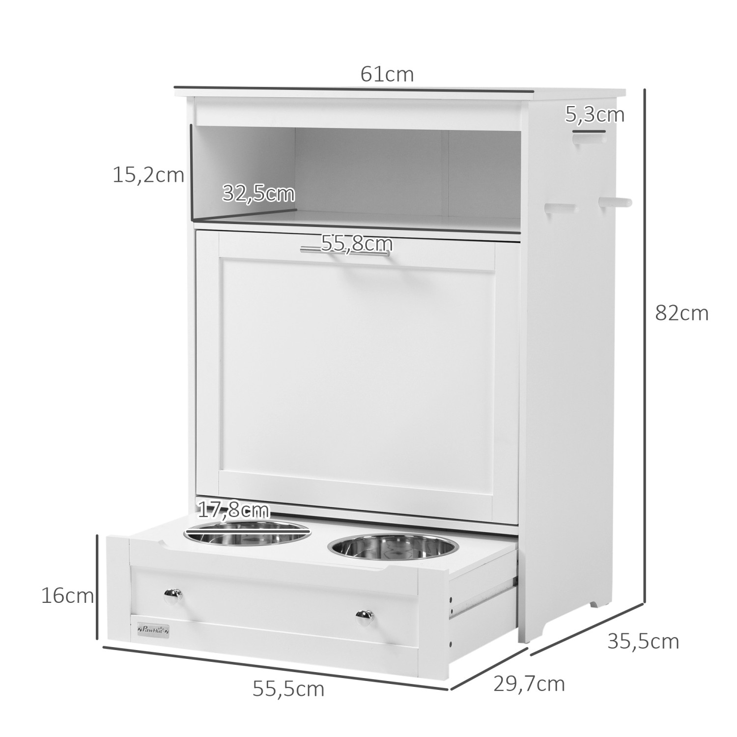 Weißer PawHut Haustier-Futterschrank (61x35,5x82cm) mit zwei Näpfen und Stauraum für Hundefutter.