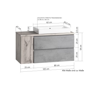 Held Möbel Waschtisch Ancona, 105 cm, Weiß-Wotaneiche mit Becken rechts. Badmöbel-Set mit zwei Schubladen.