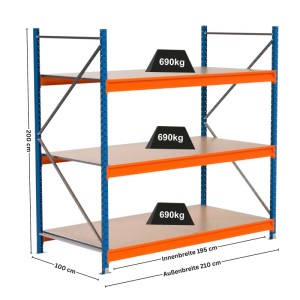 PROREGAL Industrie Weitspannregal Lagerregal MAXIMUS PRO Grundregal HxBxT 200x200x100cm 3 Spanplatten-Fachboden Fachlast 690kg Blau/Orange