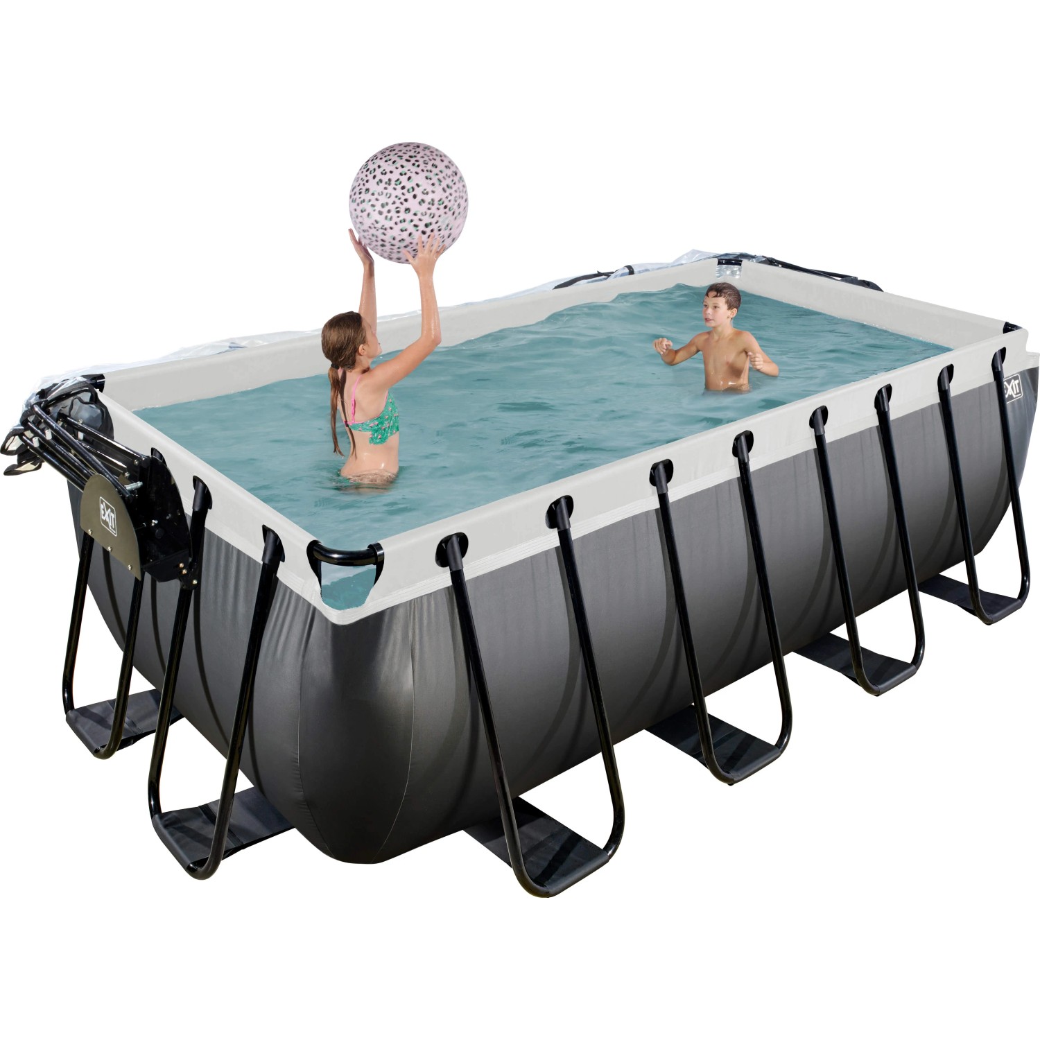 Exit Black Leather Pool 400x200 mit Kindern, Sandfilteranlage und Abdeckung.