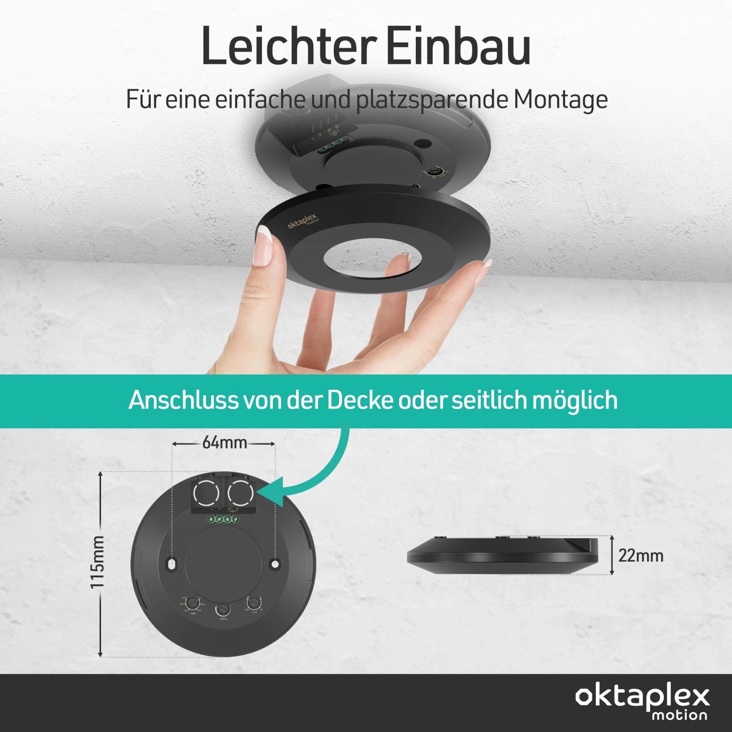 Oktaplex Isa Präsenzmelder, 360 Grad, schwarz, ultraflach. Ideal für Lampen & Leuchten.
