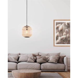 Moderne Eglo Hängeleuchte Bordesley mit Bambusschirm in Natur und schwarzer Aufhängung.