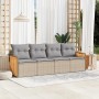 Beige 4-teilige Garten-Sofagarnitur aus Rattan mit grauen Kissen.
