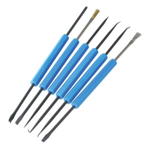 6-teiliges Blanko Lötwerkzeug-Set mit blauen Griffen und verschiedenen Aufsätzen für präzise Lötarbeiten.