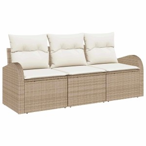 Beiges 3-tlg. Garten-Sofa-Set von vidaXL aus Poly Rattan mit Kissen.