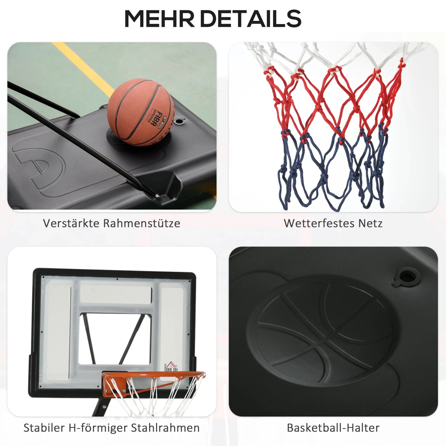 Details des HOMCOM Basketballständers: Rahmenstütze, Netz, Stahlrahmen und Ballhalter.
