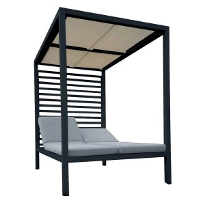Jet-Line Liegepavillon Baccaro mit weißer Überdachung und grauem Liegepolster. Markise & Sonnenschutz.