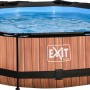 EXIT Wood Pool, Ø 300 cm, brauner Stahlrahmenpool mit Filterpumpe und Sonnensegel.