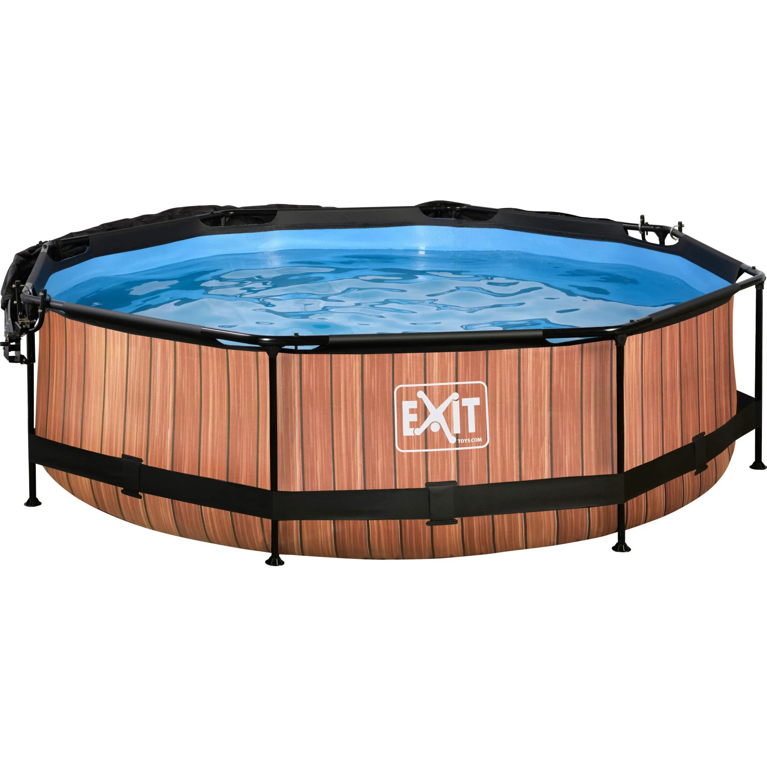 EXIT Wood Pool, Ø 300 cm, brauner Stahlrahmenpool mit Filterpumpe und Sonnensegel.