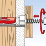 Illustration: Fischer Duotec Kippdübel 12, Anwendung in Gipskartonwand mit Schraube.