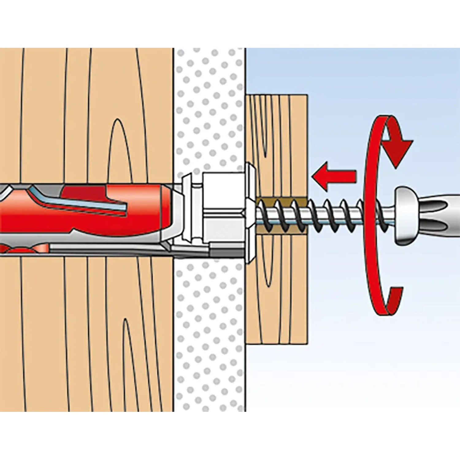 Illustration: Fischer Duotec Kippdübel 12, Anwendung in Gipskartonwand mit Schraube.
