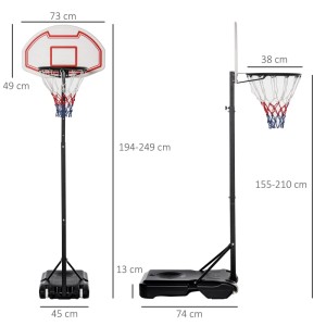 HOMCOM Basketballständer, höhenverstellbar 194-249 cm. Weißes Backboard, roter Korb, schwarzer Standfuß, mobil.