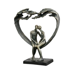 Bronzefarbene Gilde Skulptur Kiss under Tree: Paar küsst sich unter herzförmigem Baum. Dekorative Figur aus Kunstharz, 30 cm.