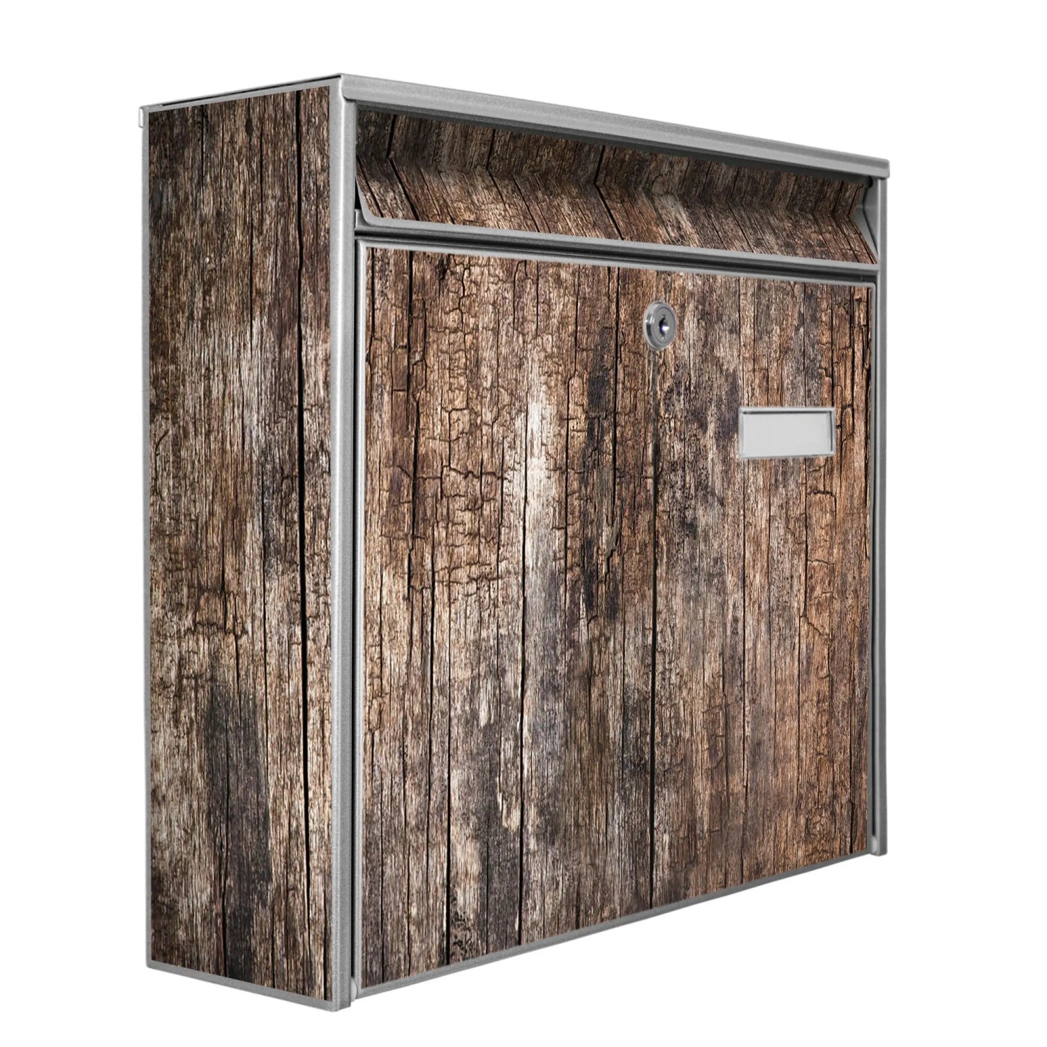 Silberner Banjado Briefkasten mit Holz-Motiv, inkl. Montagematerial und Schlüsseln.