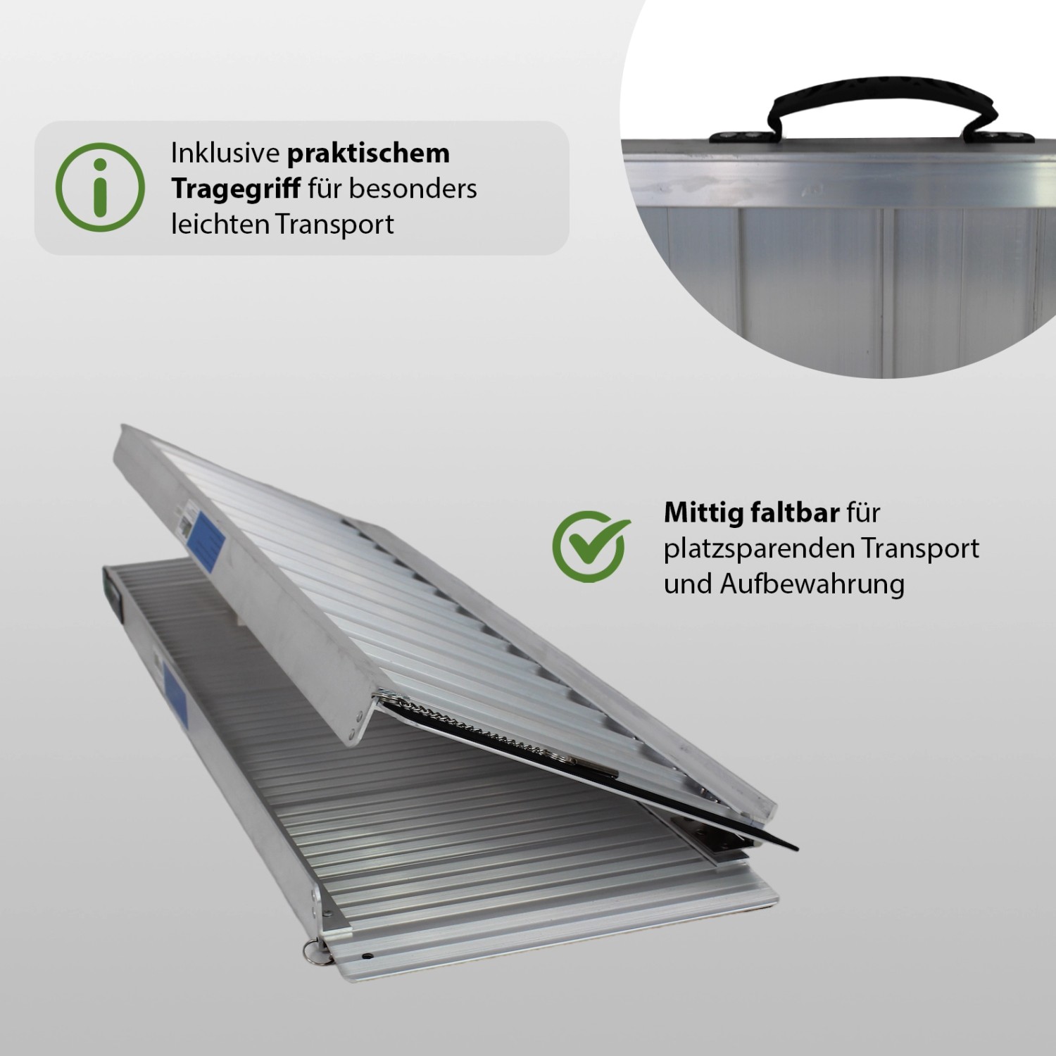 Zusammengeklappte TRUTZHOLM Rollstuhlrampe, 122 cm, Alu geriffelt, für Autoanhänger.