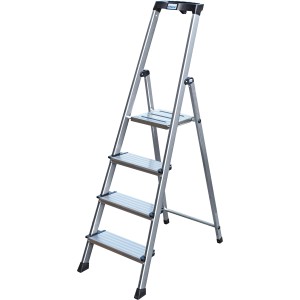 Monto Sepuro Stufen-Stehleiter mit 4 Stufen aus Aluminium, mit Sicherheitsbügel und rutschfesten Fußkappen.
