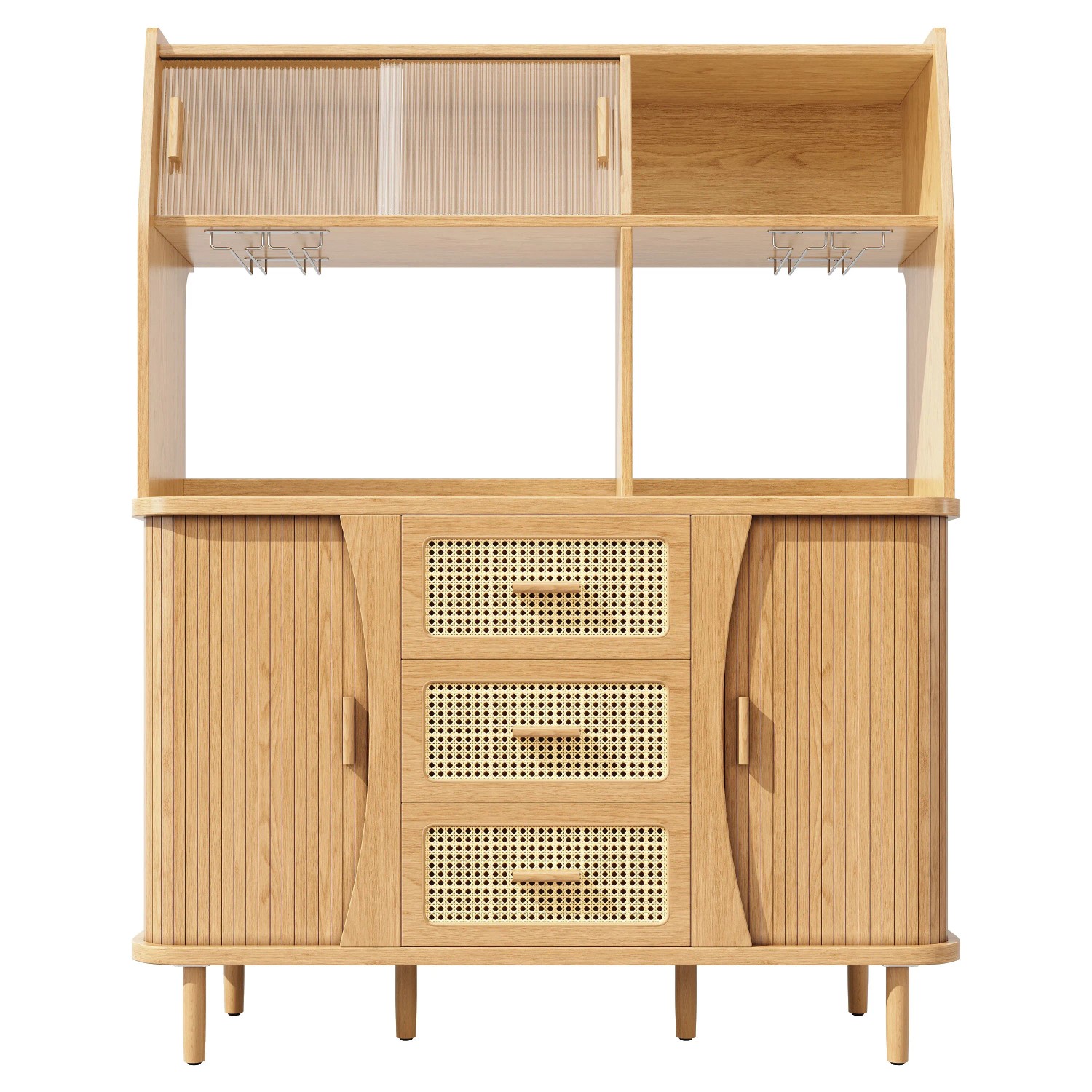 Merax Buffetschrank 174,5cm Rattanoptik Glasschiebetüren Nussbaum