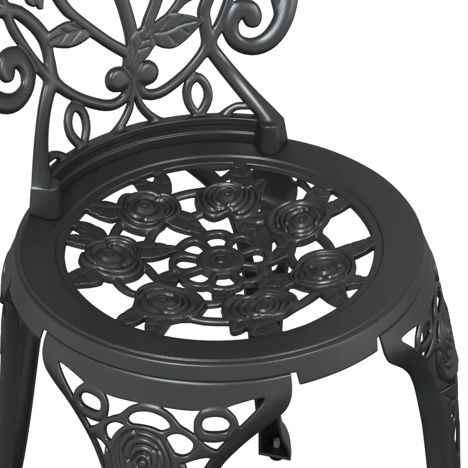 Detailansicht: Schwarzer Gartenstuhl aus Aluminium mit Rosenmuster, Teil des 3-tlg. Bistro Sets.