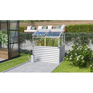 Vitavia Gaia Jumbo Hochfrühbeet aus Metall mit aufstellbaren Fenstern im Garten.