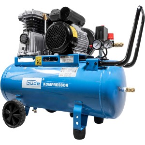 Blauer Güde Kompressor 335/10/50 mit 50L Tank, Riemenantrieb und Rädern.