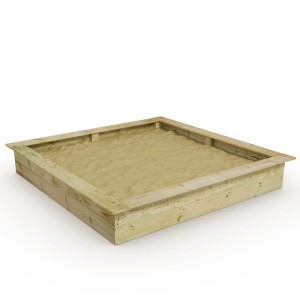 Quadratischer WICKEY Sandkasten King Kong aus Holz, gefüllt mit Sand.