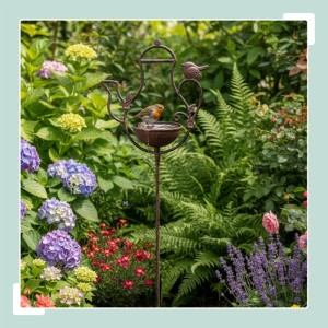 Dekorative braune Gusseisen Vogeltränke in Teekannenform mit Rotkehlchen im Garten. Wetterfest & frostsicher mit Erdspieß.
