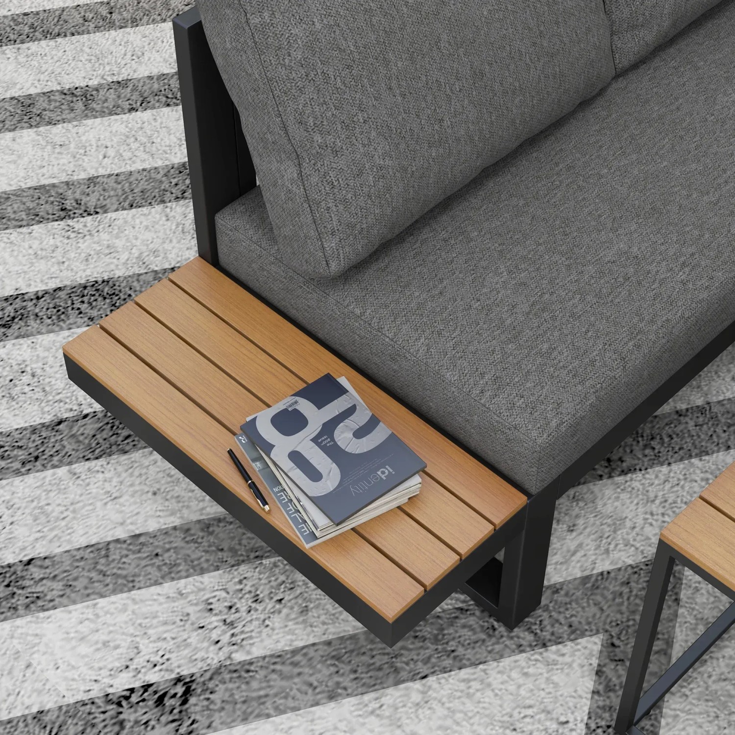 Detailaufnahme: Dunkelgraues Outsunny Garten Sofa Set mit Beistelltisch und Kissen.