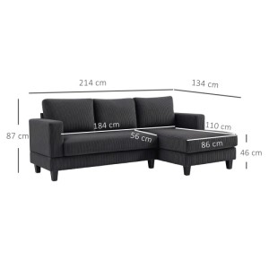 Dunkelgraues HOMCOM Ecksofa mit L-Form, Polyester und Schaumstoff, Maße 214x134x87 cm, für Wohnzimmer.