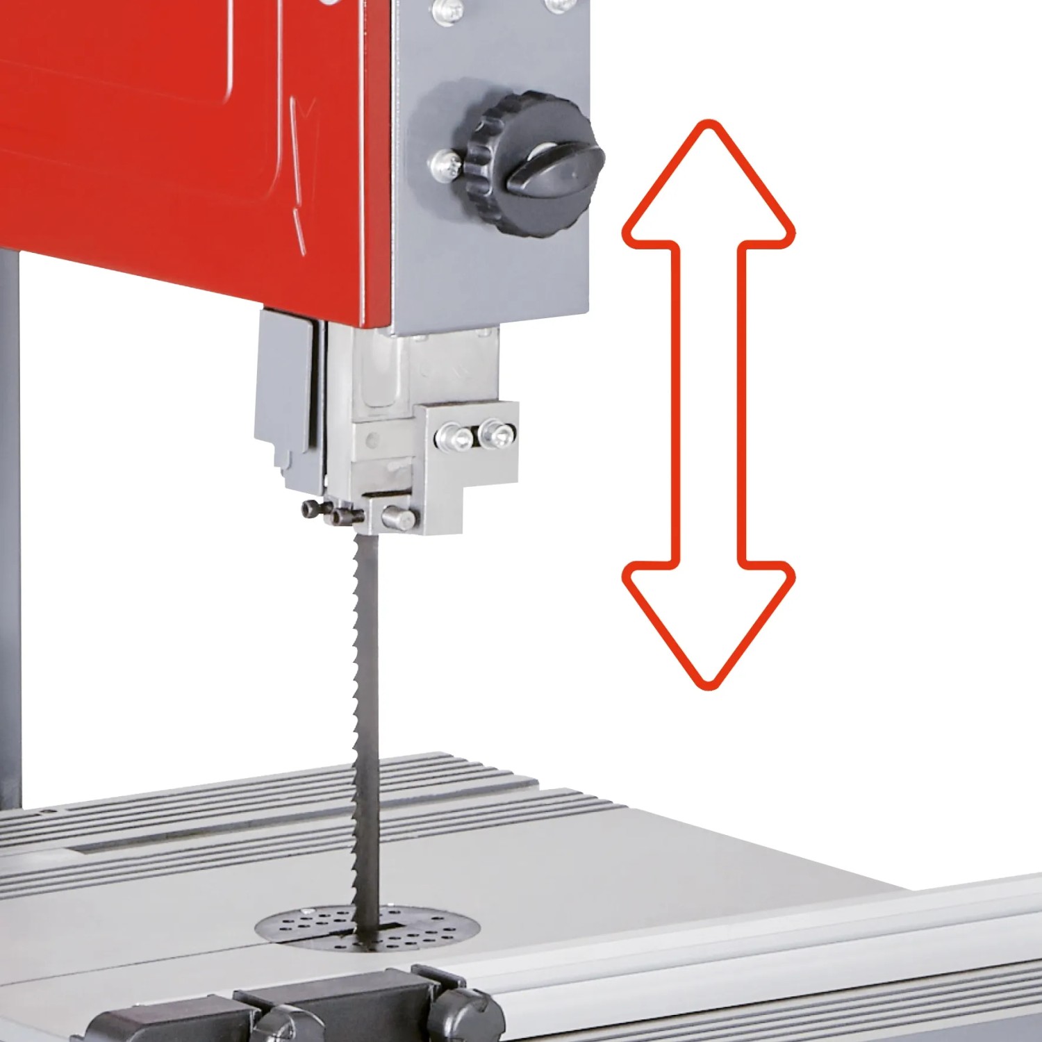 Detailaufnahme: Höhenverstellung der Einhell TC-SB 305 U Bandsäge mit Pfeilmarkierung.