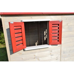 Detailansicht: Wendi Toys Kinderspielhaus Storch mit roten Fensterläden.