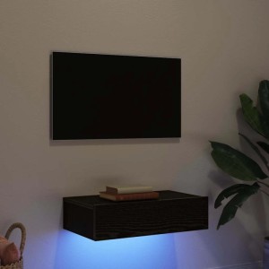 Schwebender TV-Schrank in Schwarze Eiche mit blauer LED-Beleuchtung unter einem TV. Modernes Wohnzimmer-Möbel.