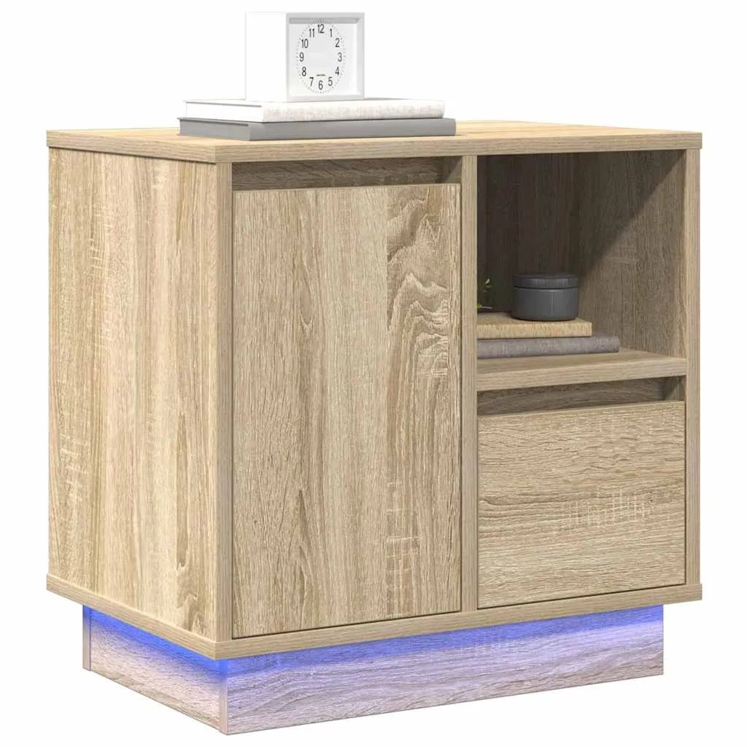 Moderner Nachttisch in Sonoma Eiche Optik mit Tür, Schublade, offenem Fach und integrierter blauer LED-Beleuchtung.