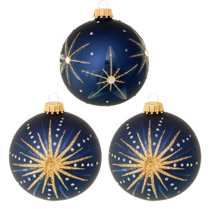 3 blaue Weihnachtskugeln 'Sternennacht' von Krebs Glas Lauscha, 8cm, mit Golddekor.