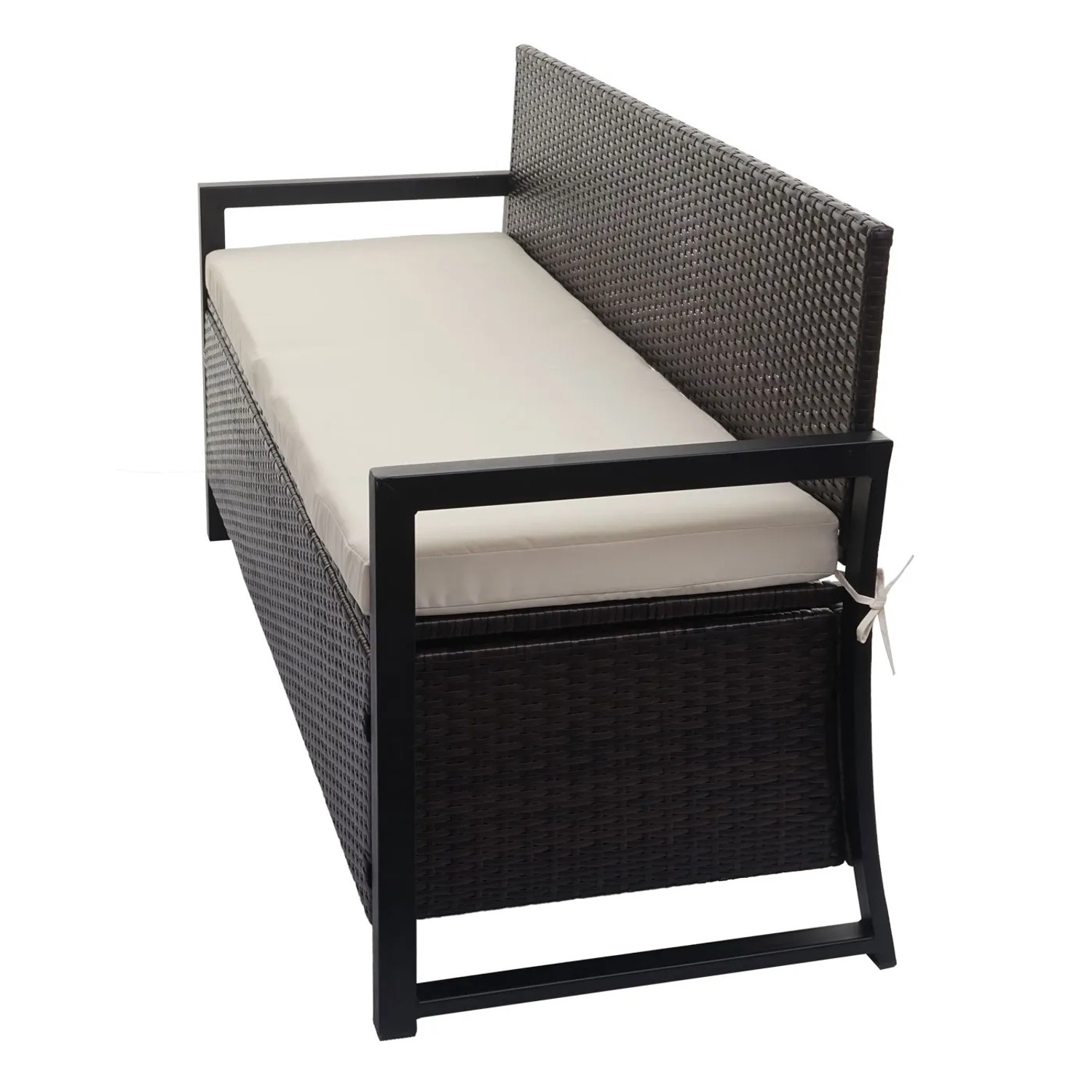Braune Poly-Rattan Gartenbank mit creme Kissen und Staufach. Bequeme 3er Sitzbank für den Garten.