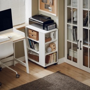 Weißer SoBuy Druckertisch Rollcontainer FBT68-W mit Ablagefächern und Drucker im Büro.