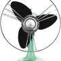Mintfarbener Tischventilator im Retro-Design mit Chromdetails und schwarzen Rotorblättern.