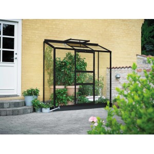Halls Gewächshaus Altan 3, schwarzer Rahmen, 1,3 m², mit Pflanzen. Kleingewächshaus für Garten.