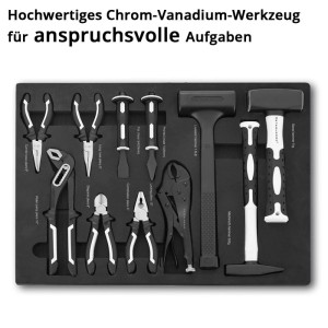 STAHLWERK Werkzeugwagen Einlage mit 11-teiligem Werkzeugset und Schaumstoffeinlage.