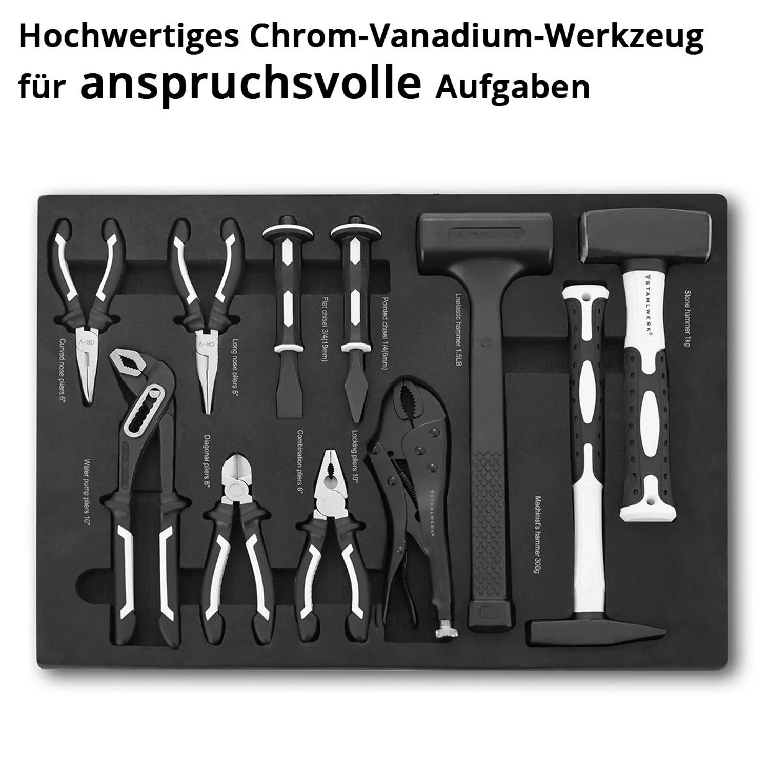 STAHLWERK Werkzeugwagen Einlage mit 11-teiligem Werkzeugset und Schaumstoffeinlage.