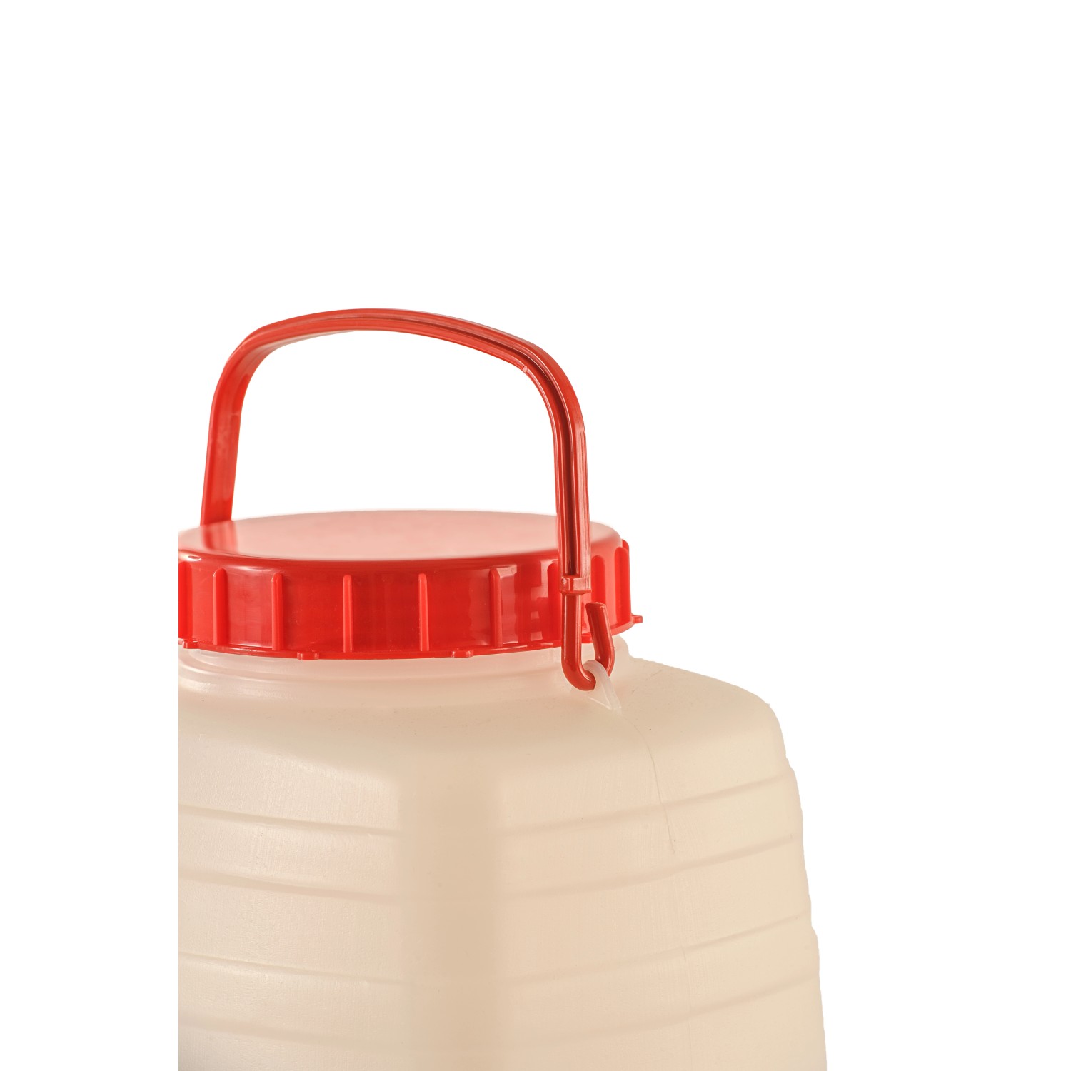 Getränkefass Standard 10 l aus Kunststoff mit rotem Deckel und Tragebügel.