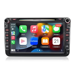 Junsun Autoradio für VW Golf 5 6 T5 Polo. Schwarzes Gerät mit Touchscreen, CD/DVD, FM, Navigation & CarPlay Apps.