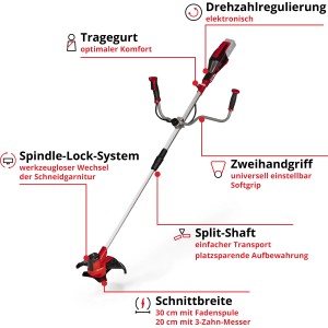 Einhell Akku-Sense AGILLO 18/200-Solo: Akku-Trimmer mit Zweihandgriff und Tragegurt.