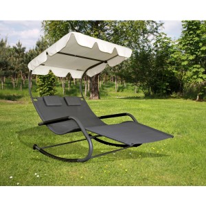Doppel-Schaukelliege Serifos mit Sonnendach, Stahlgestell, ergonomische Liegefläche für zwei Personen.