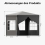 Grauer Pavillon 3x3m mit Seitenwänden und Fenstern, zeigt Produktmaße: 300x300x250/200 cm.
